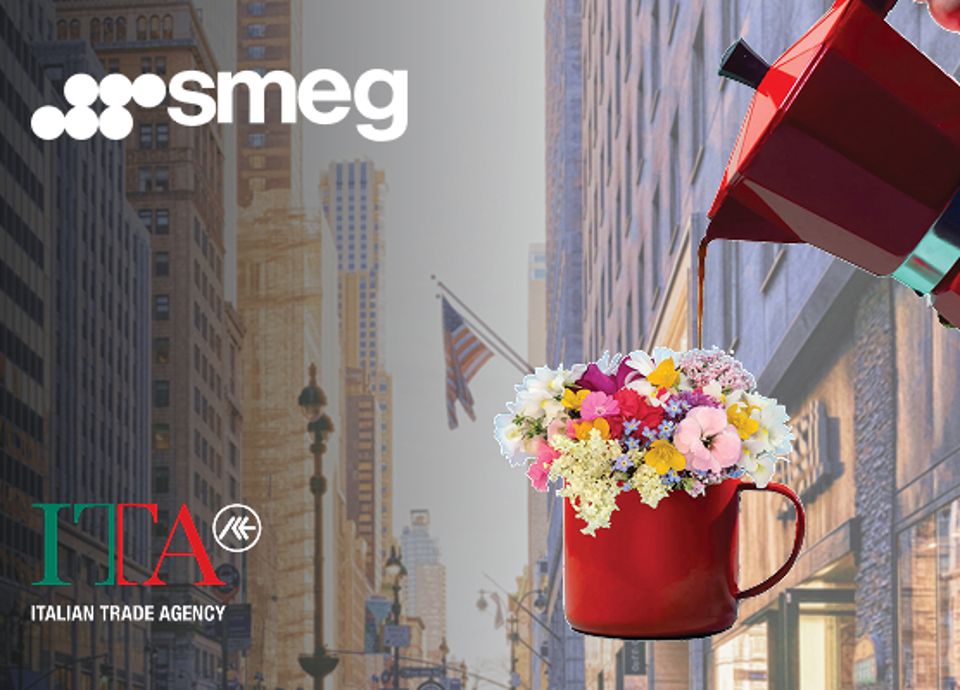 Italian moka pot pouring coffee over floral vase with New York skyline backdrop, symbolizing Smeg’s fusion of Italian culture and design in NYC.